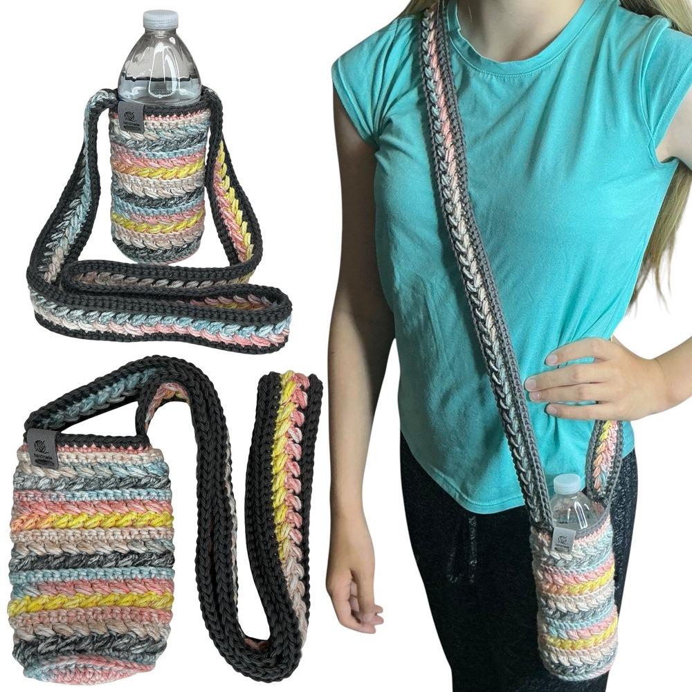 Handmade Multicolor Crochet Water Bottle‎ Holder Bag Wheat Stitch Boho Crossbody